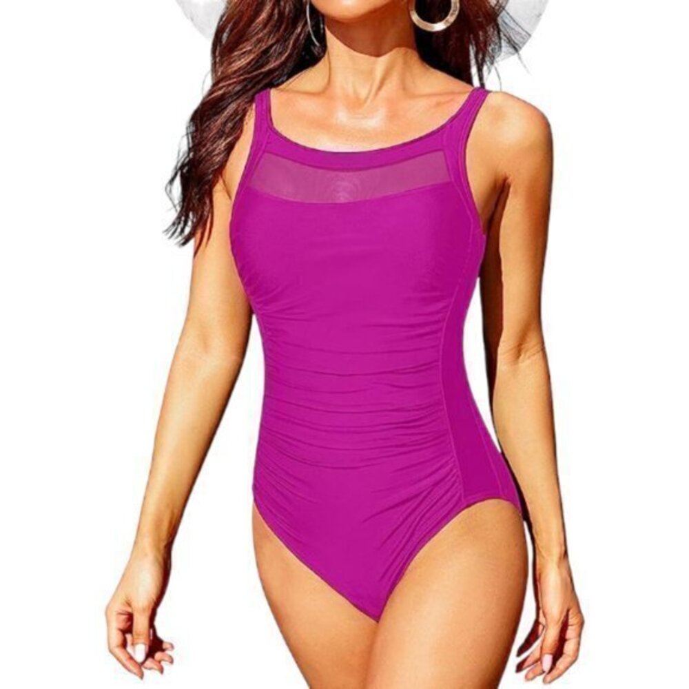 Women's Hot Pink Mesh Ruched Mid Section Scoop Back Swimsuit Size SML NWT #1523